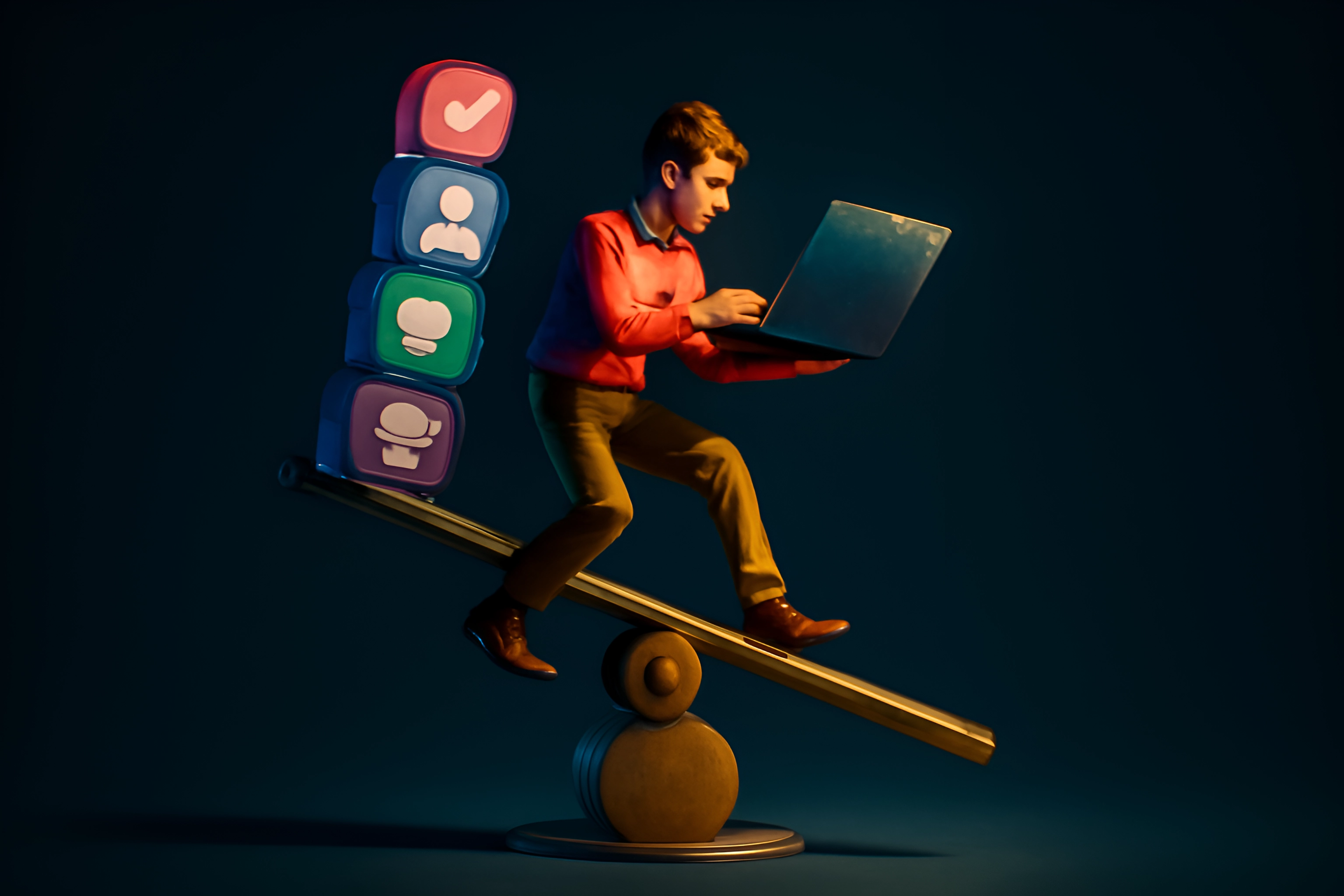 Boy balancing laptop on seesaw