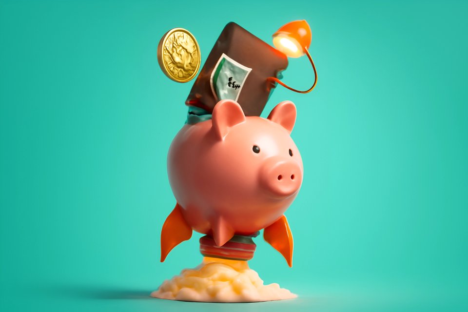 Piggy bank with coin and book