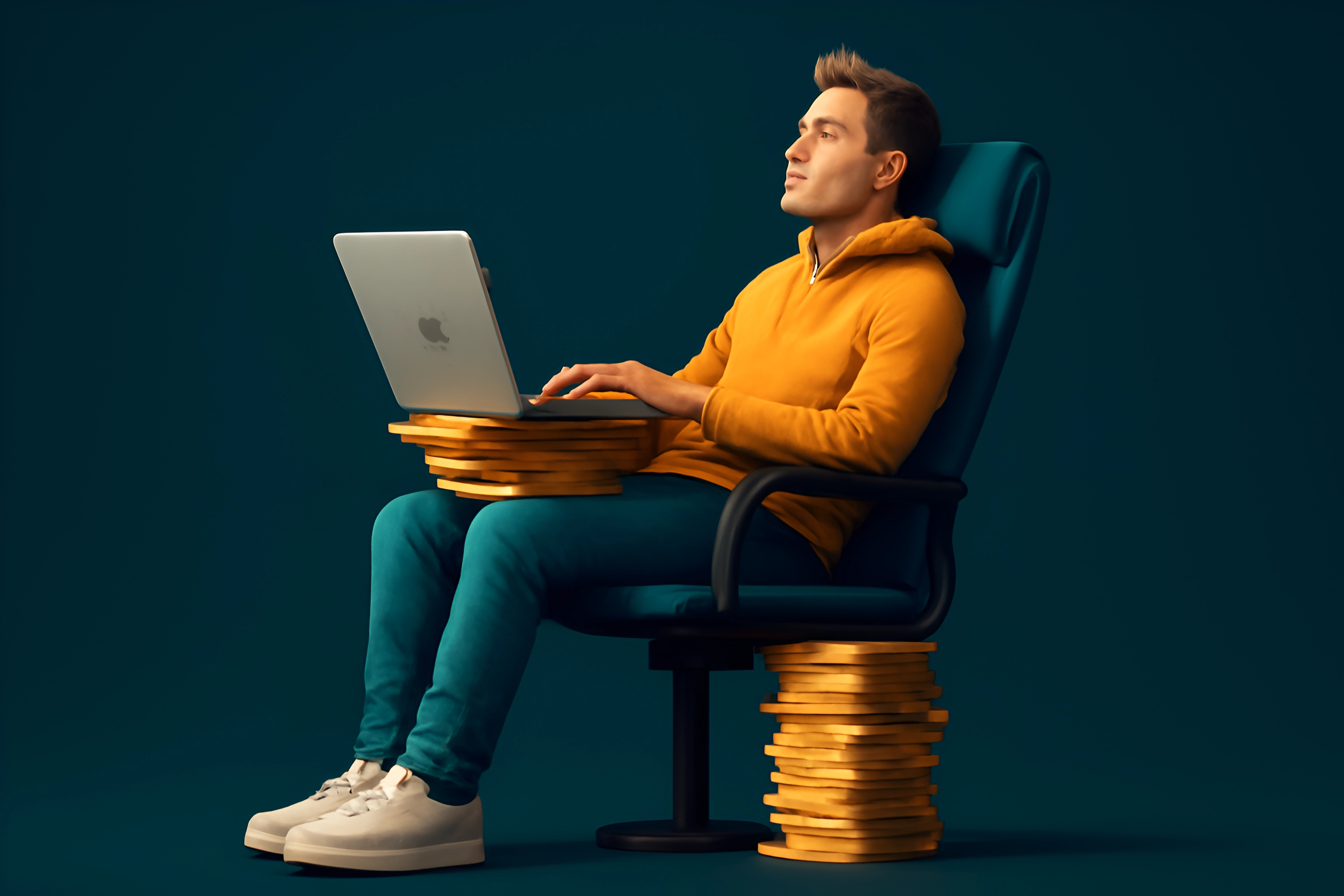 Man with laptop and coins
