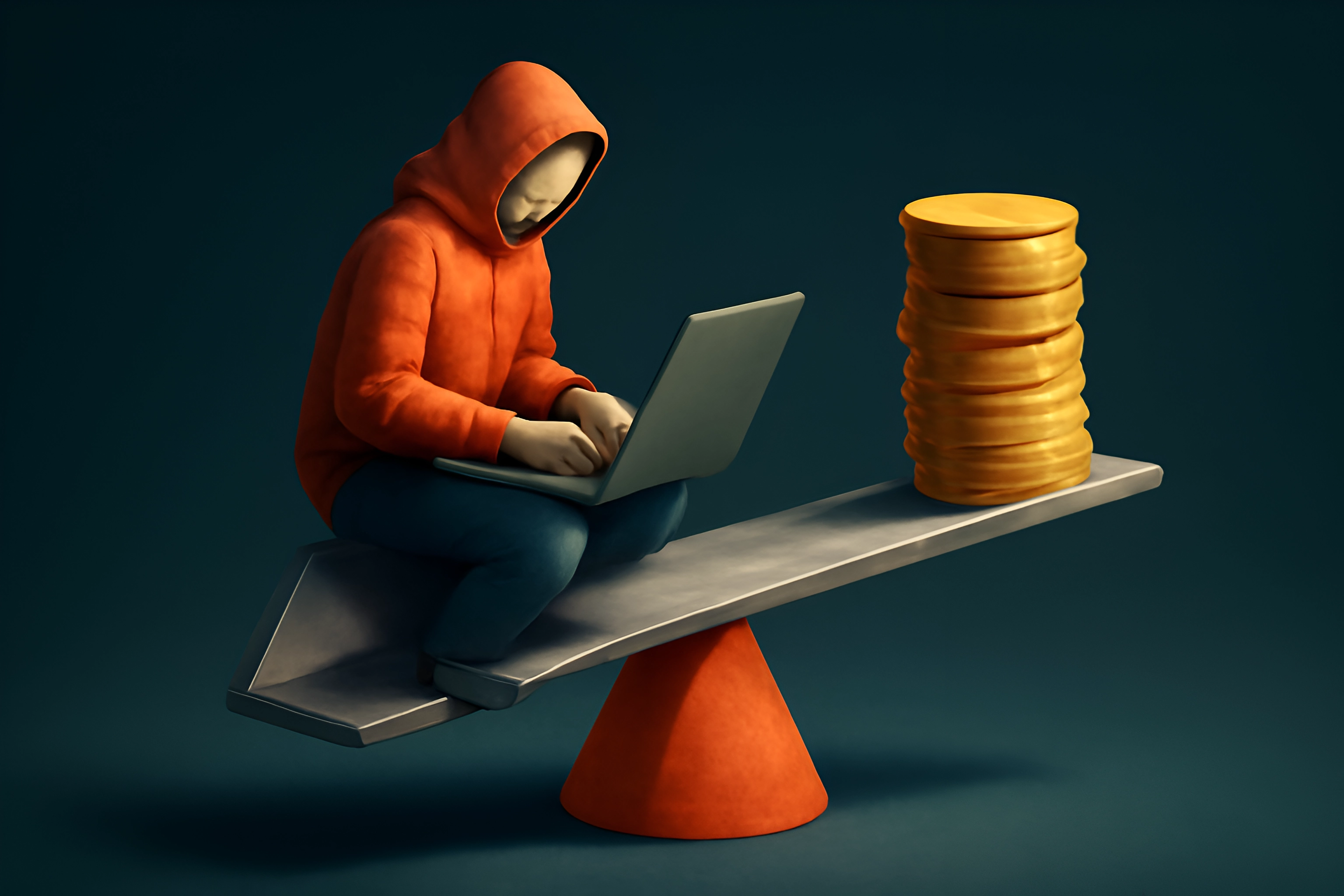 Hooded figure with laptop and coins.