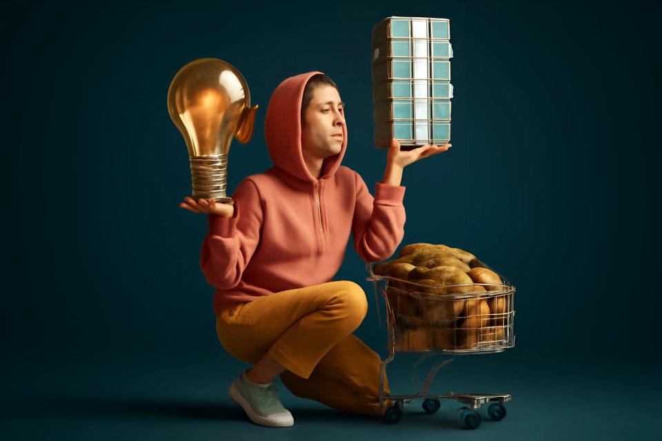 Person balancing light bulb and containers