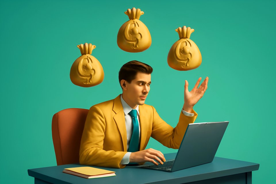 Man with laptop and money bags