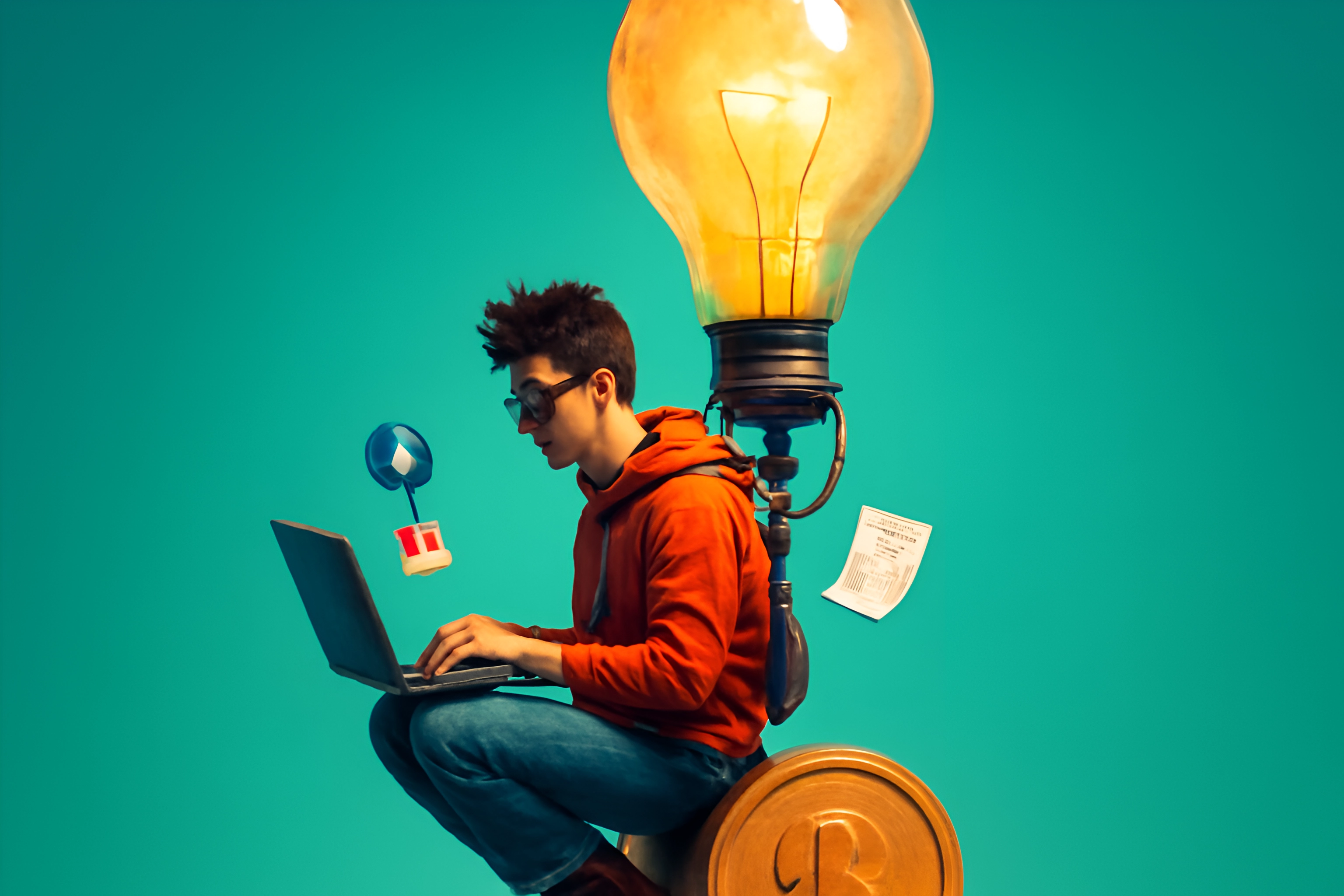 Young person using laptop creatively