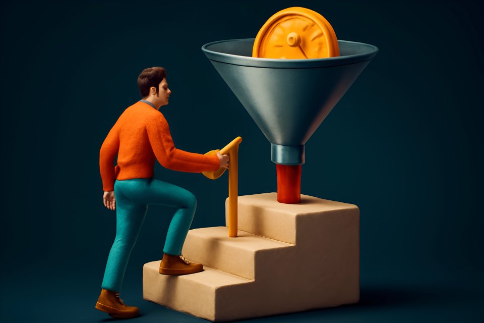 Man ascending steps to funnel