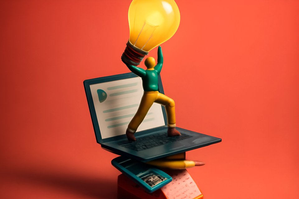 Creative figure with light bulb on laptop.