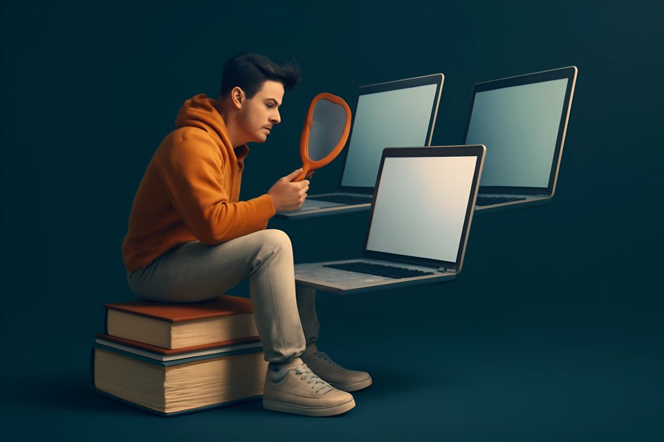 Man inspecting laptops with magnifying glass