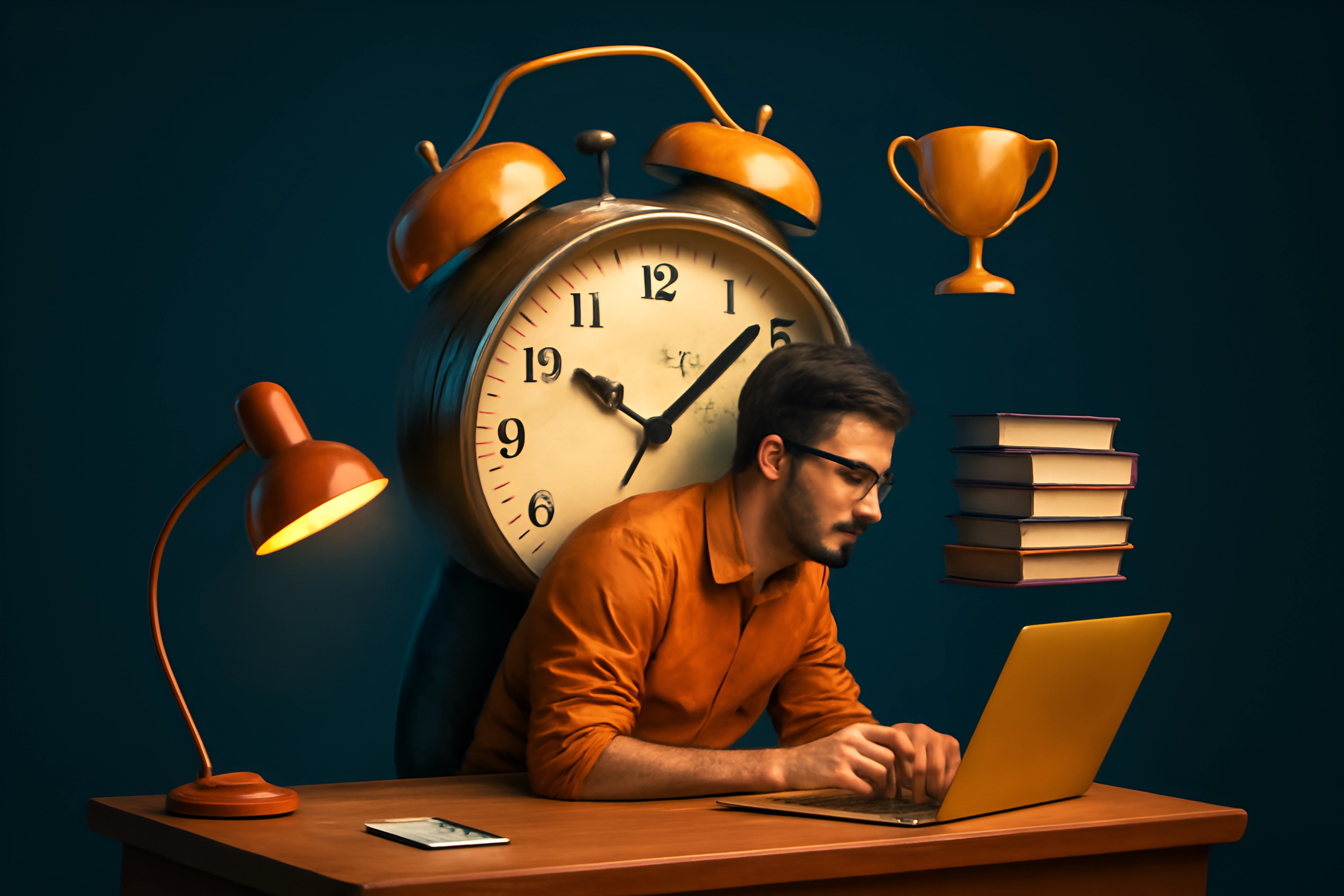 Man working with clock and books