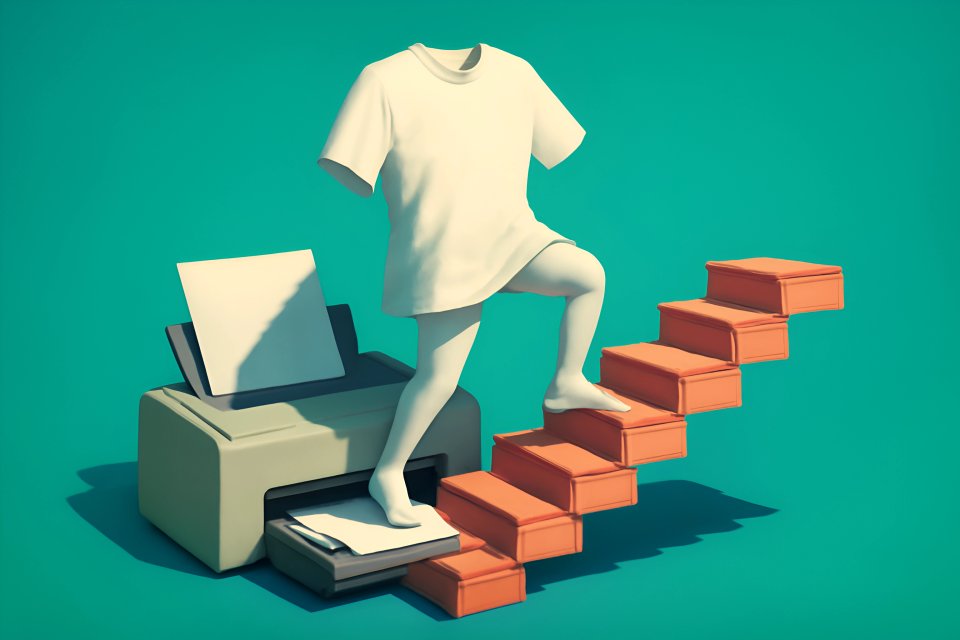 Headless figure climbing printer stairs