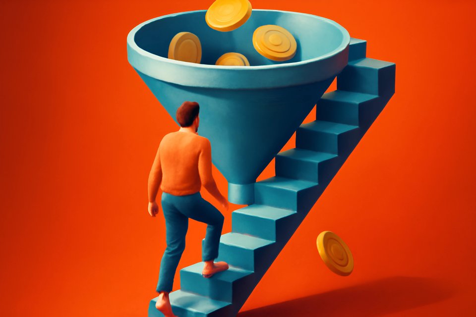 Man climbing stairs with coins