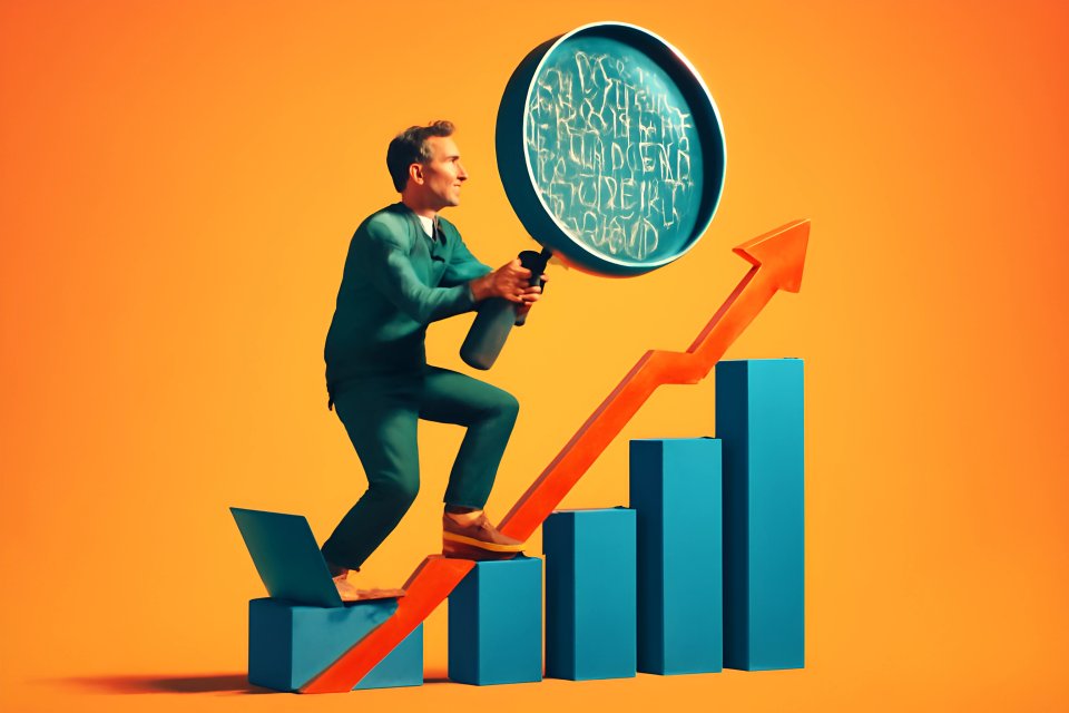 Man with magnifying glass on graph