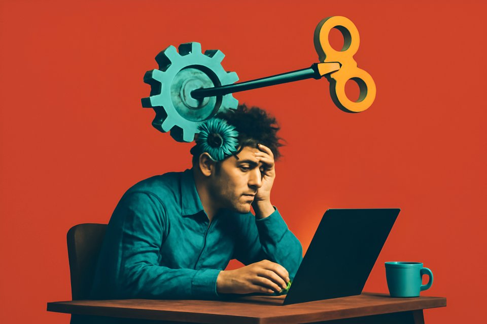 Man thinking with gears and key.