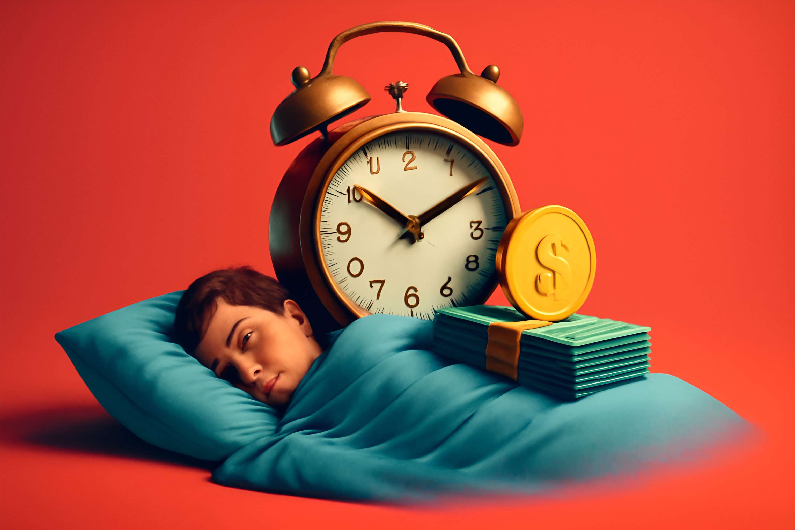 Sleeping person with money and clock