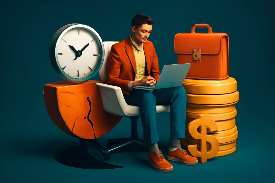 Man with laptop, clock, and money.