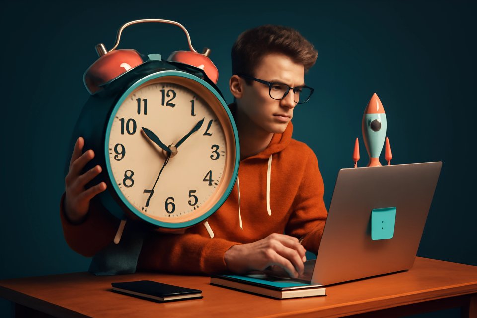Young man with clock and laptop.