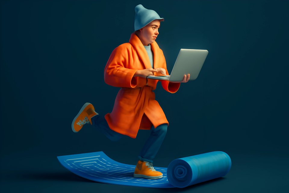 Person using laptop on blueprint.