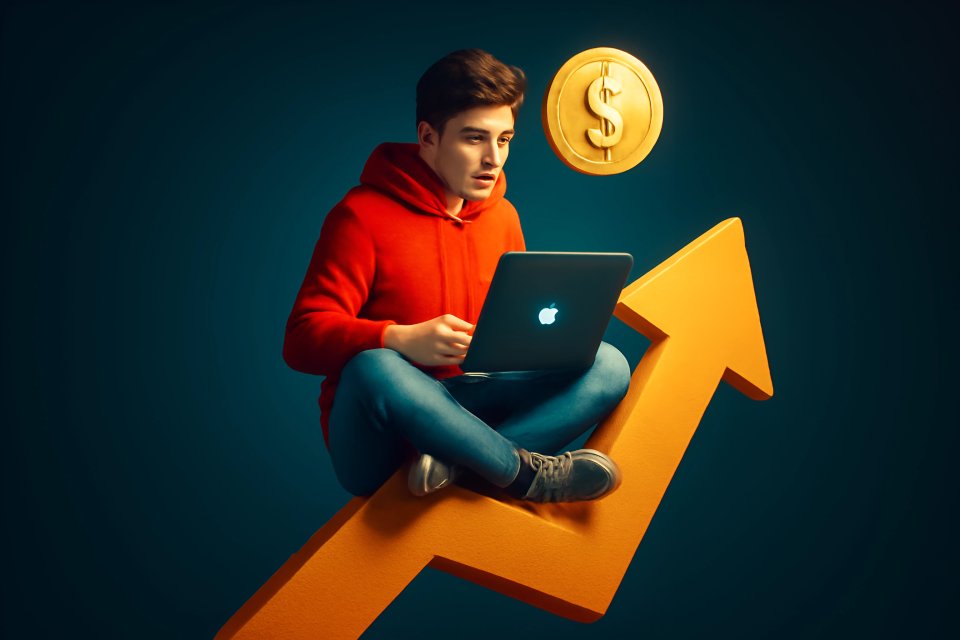 Young man with laptop and dollar sign