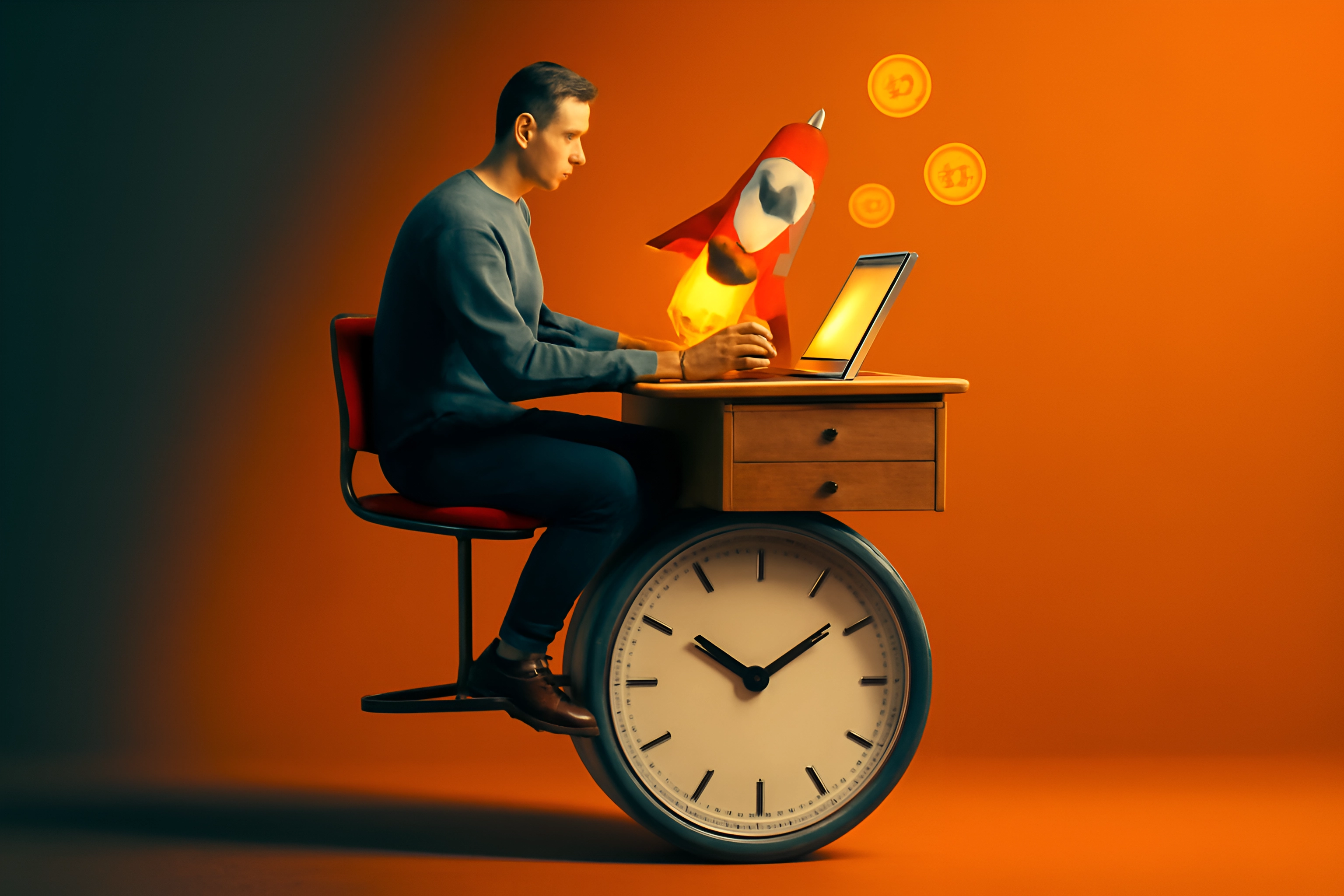 Man at desk with rocket and clock.