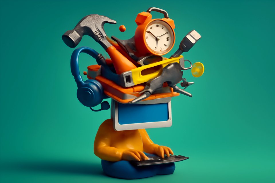 Character with tools and computer head