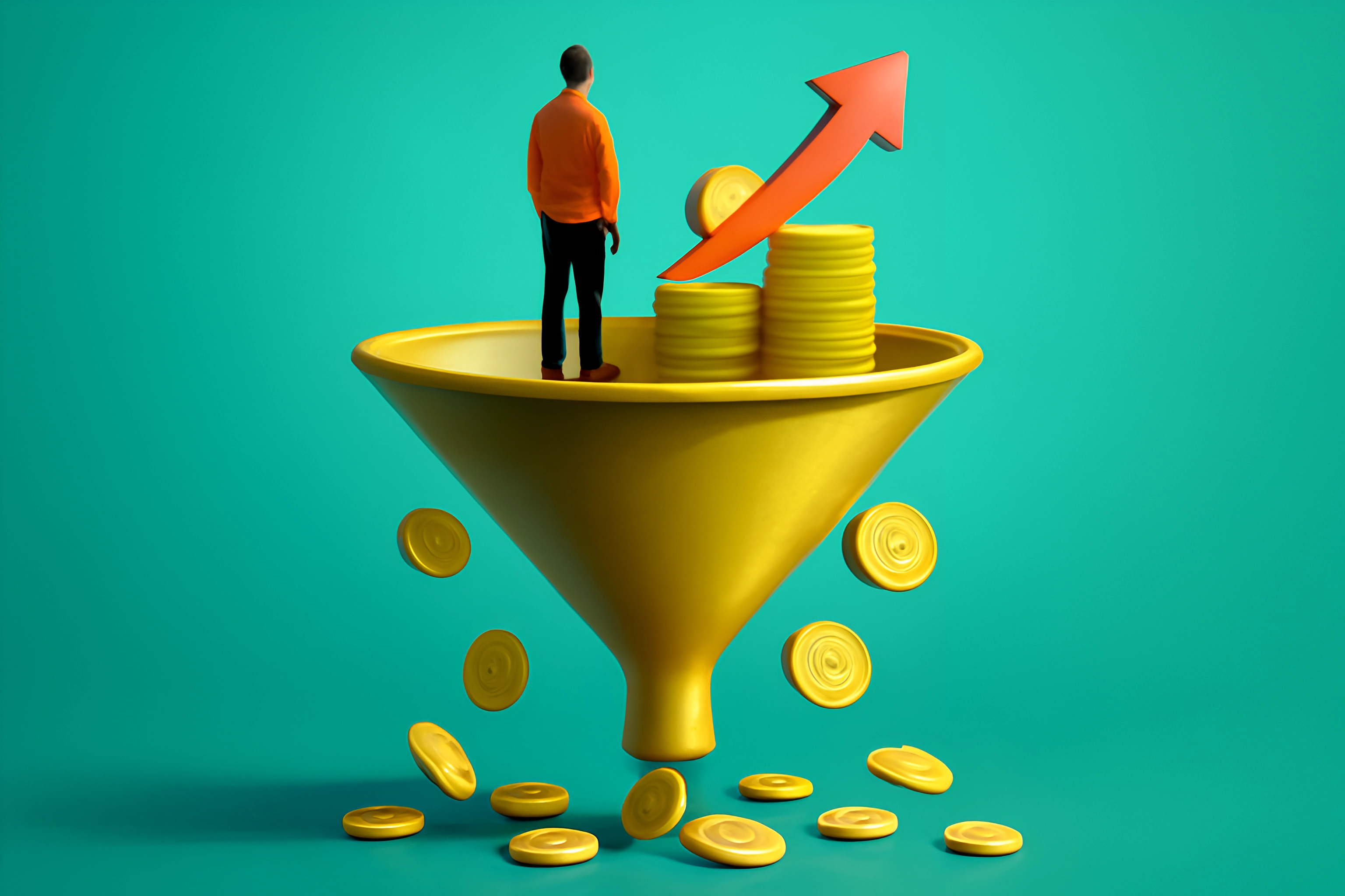 Funnel with coins and growth arrow