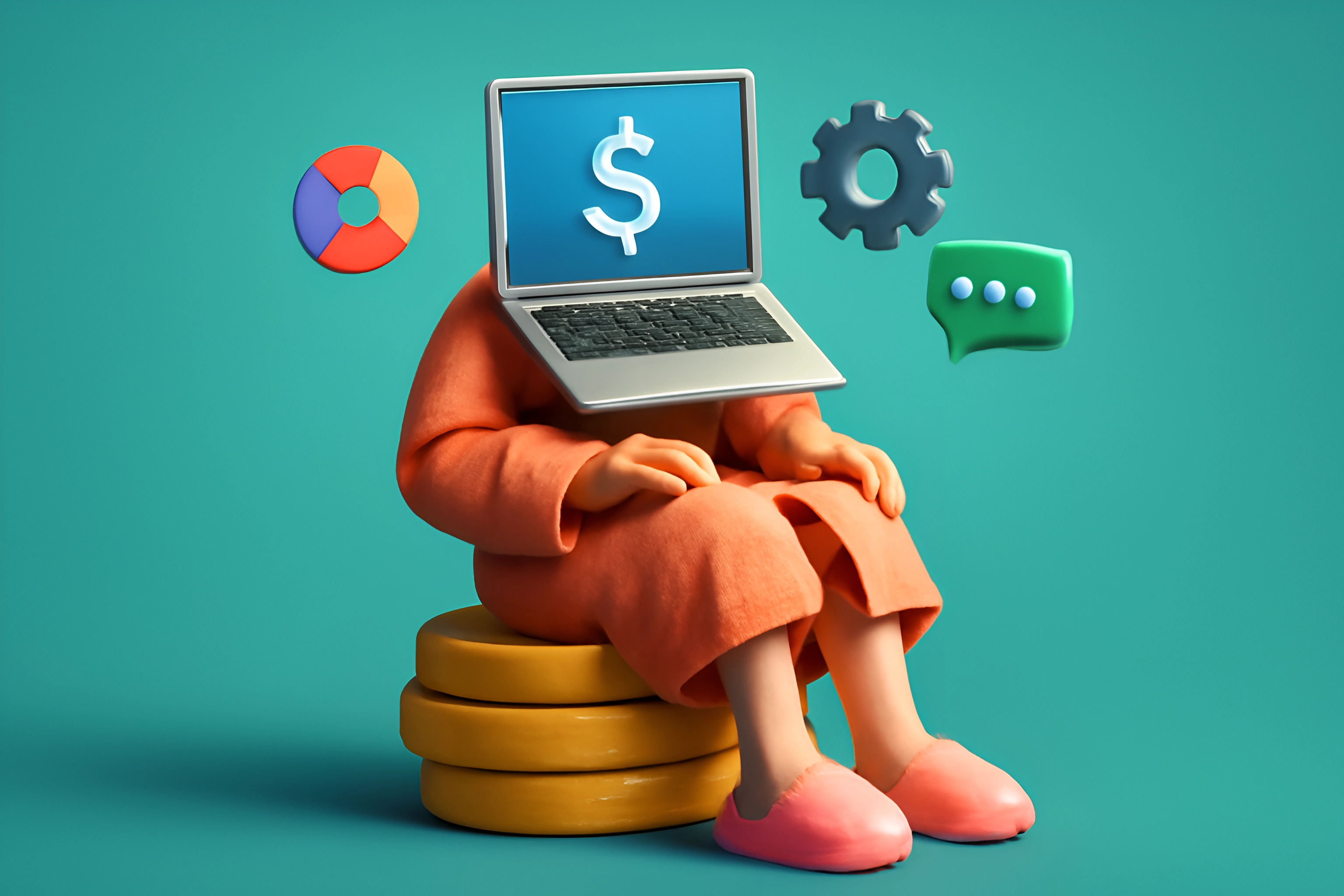 Laptop head with finance icons