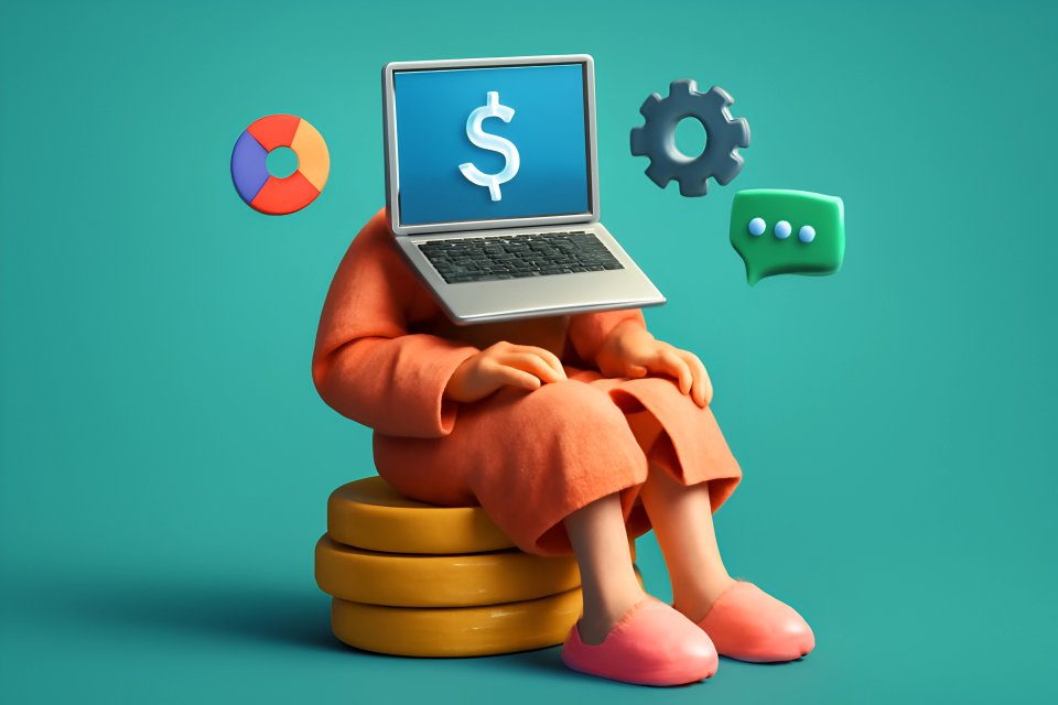 Laptop head with finance icons
