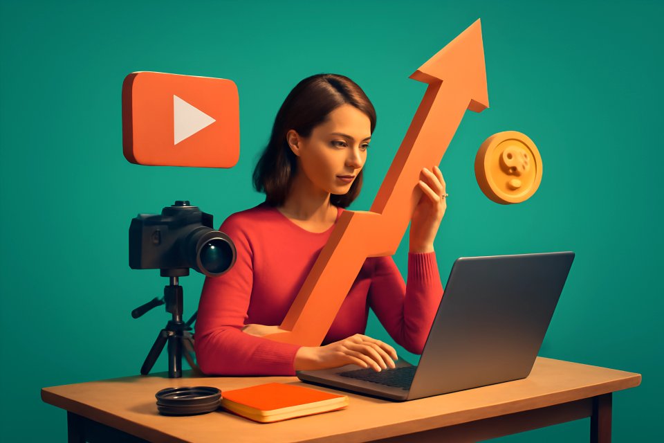 Woman with laptop and growth symbols
