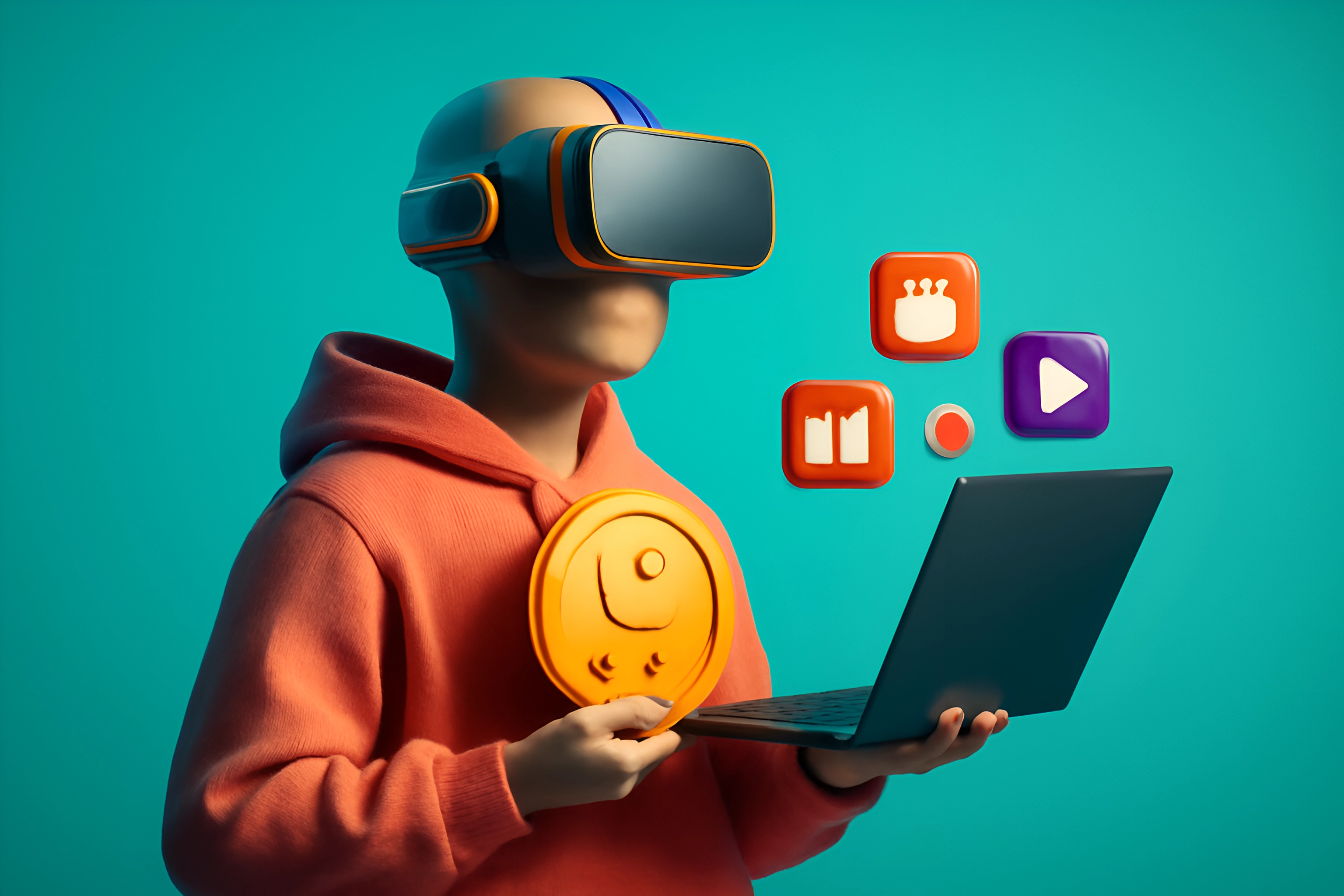 VR user with laptop and app icons