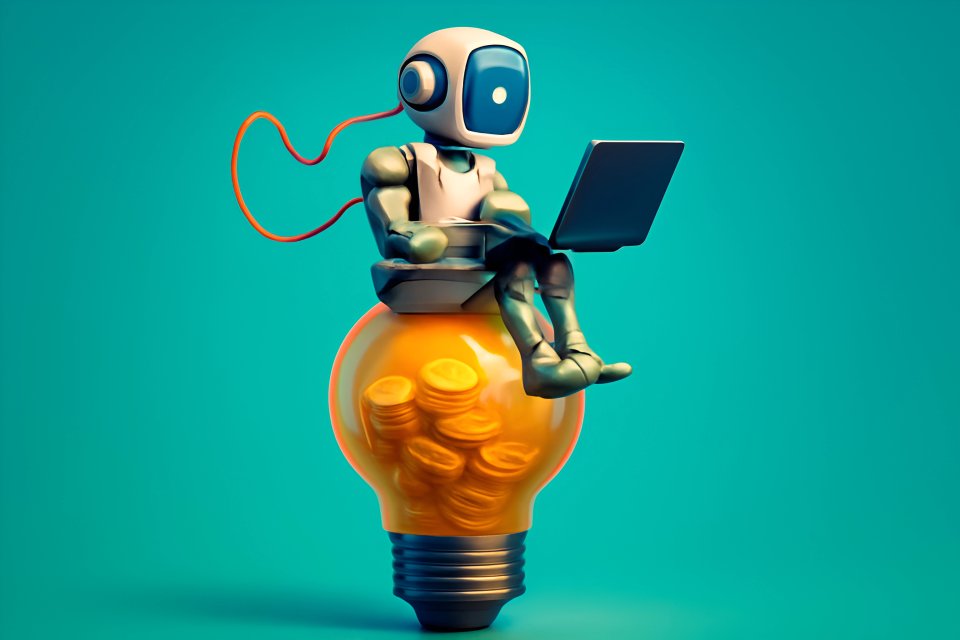 Robot with laptop and coins