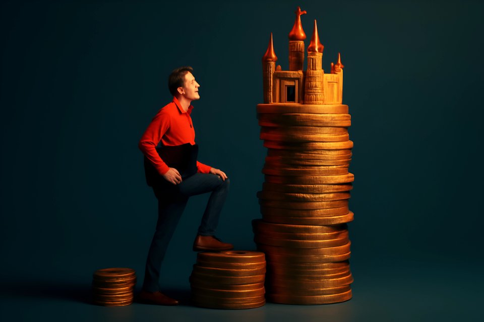 Man with coin castle sculpture