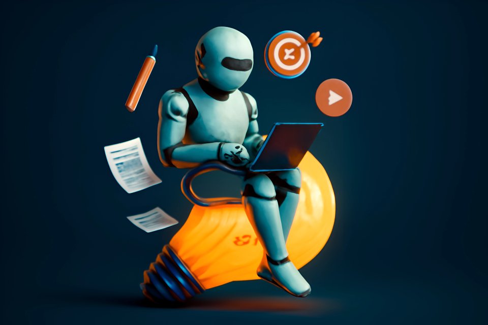 Robot using laptop with light bulb