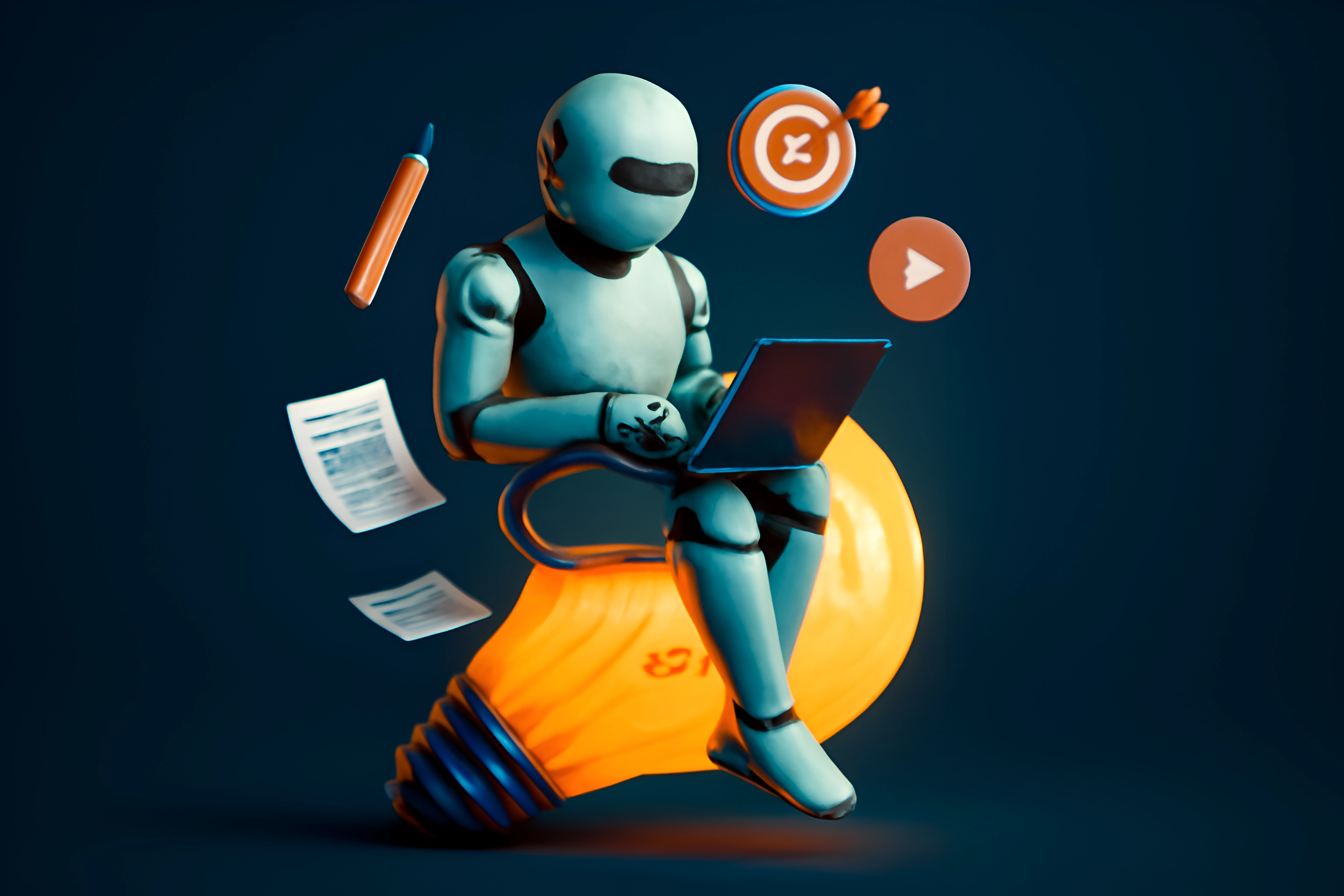 Robot using laptop with light bulb