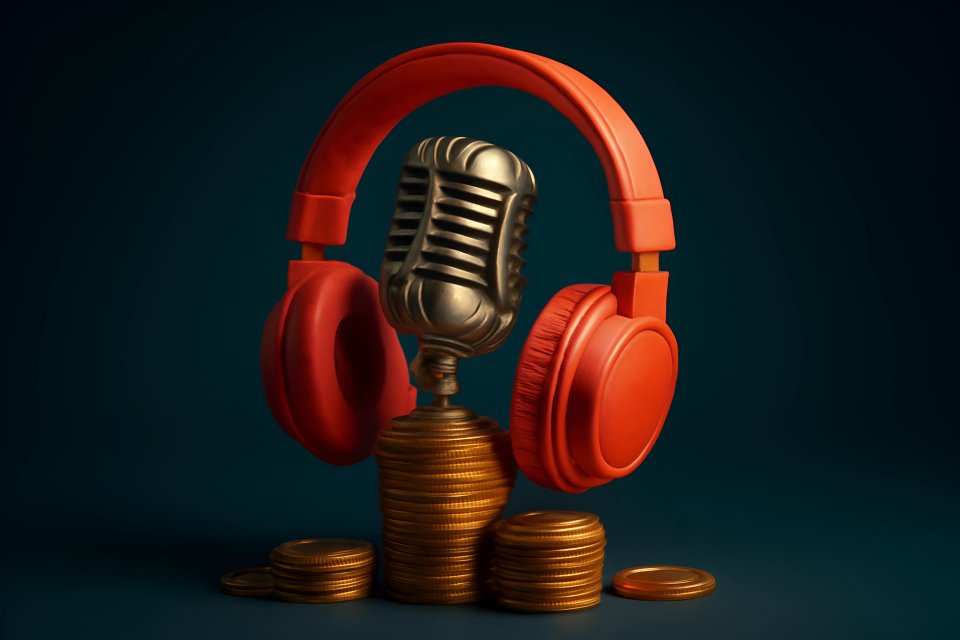 Retro microphone with headphones and coins.