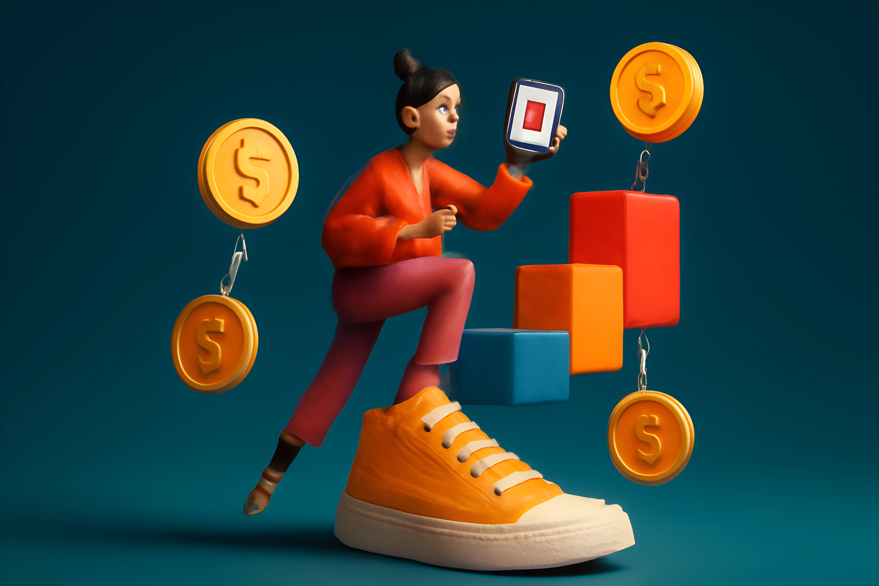 Woman with smartphone and coins
