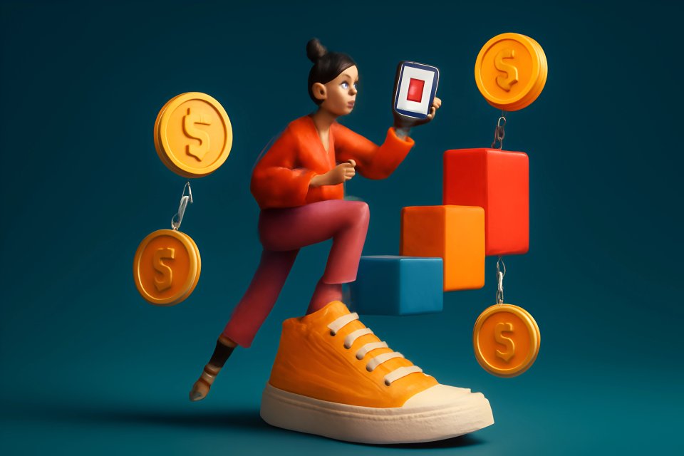 Woman with smartphone and coins