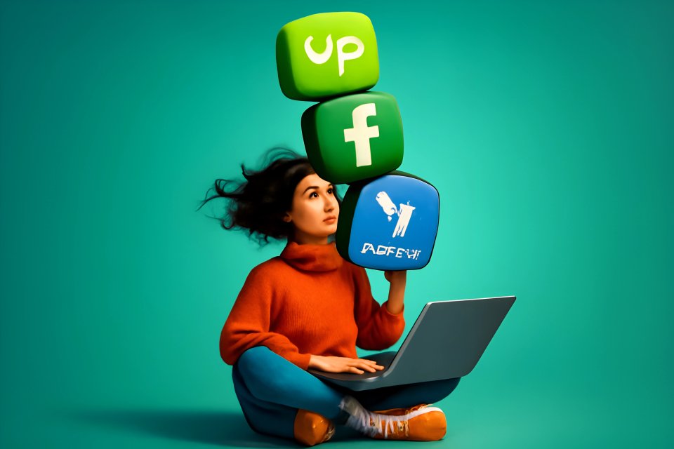 Woman with laptop and social media icons