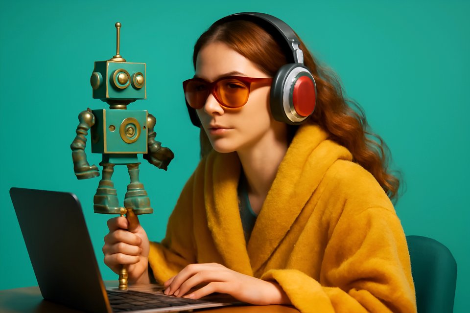 Kvinna med robot och bärbar dator