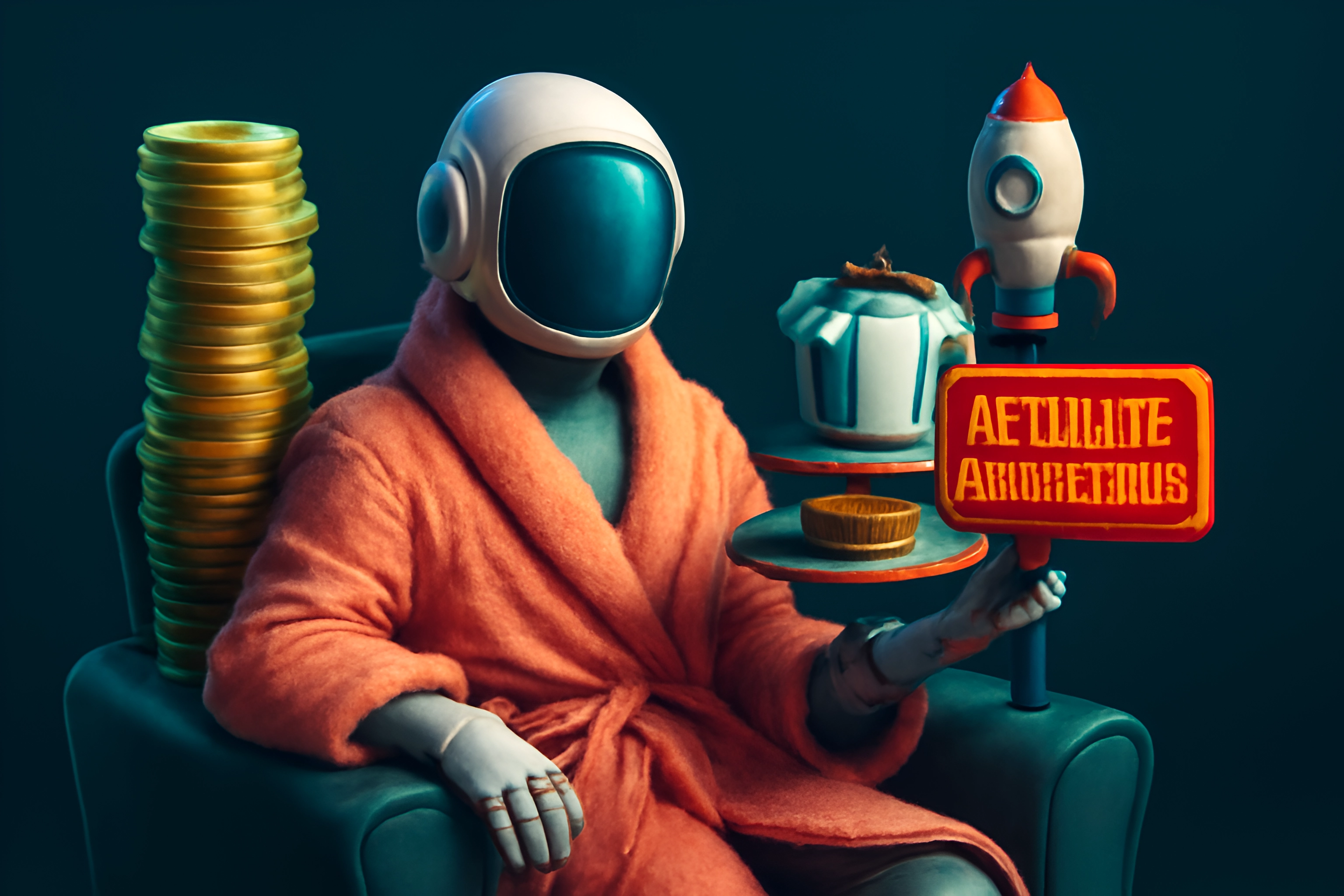 Astronaut i badekåpe med snacks