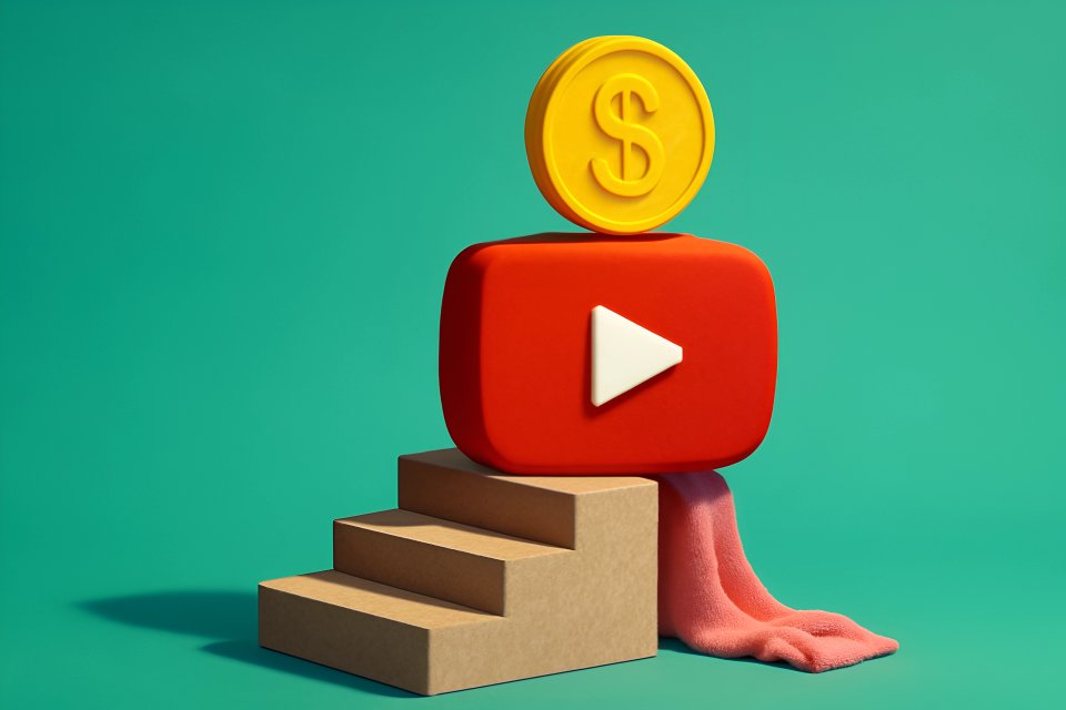 YouTube-logga tillsammans med en dollarmynt och trappsteg