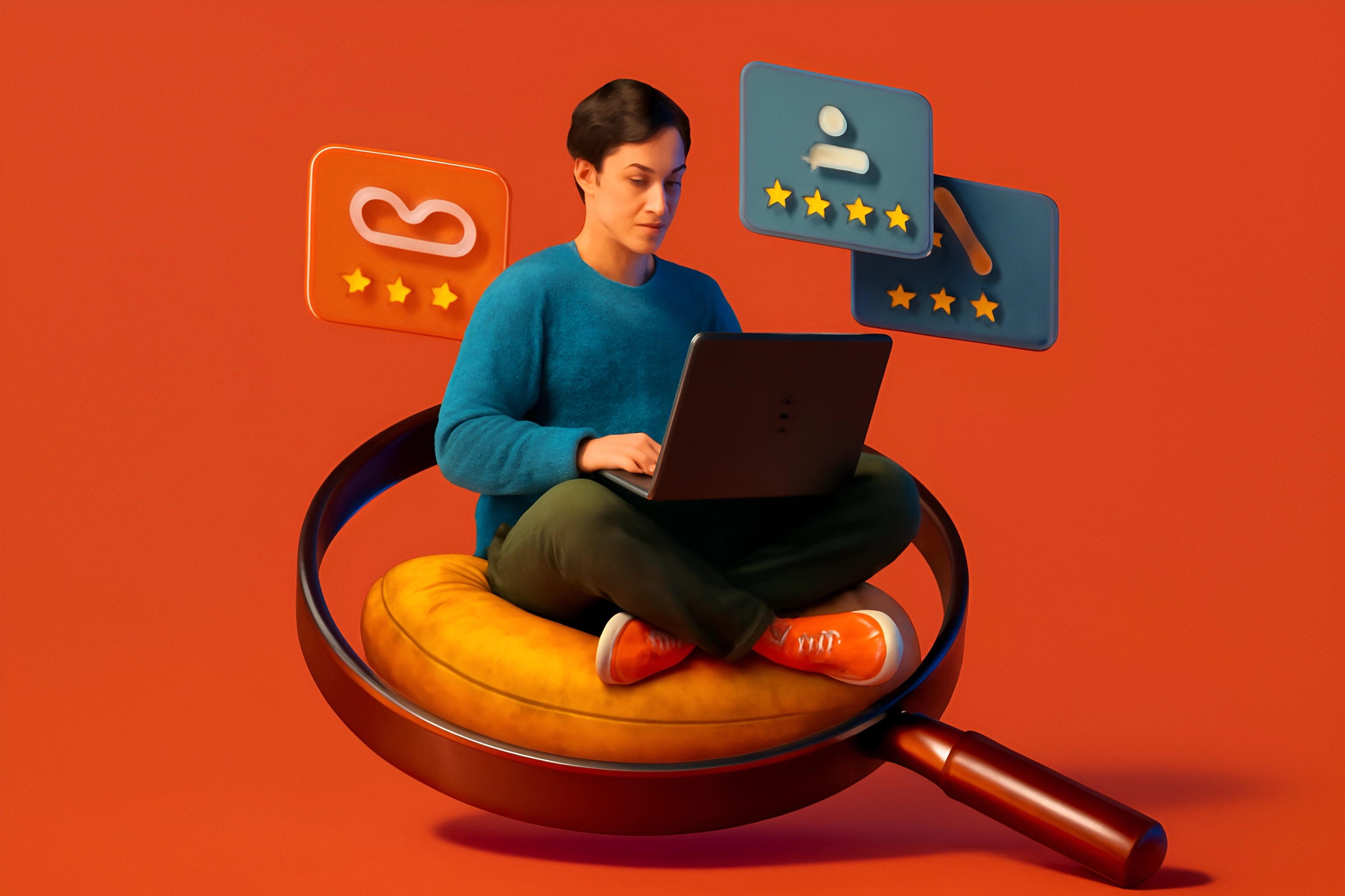Person, die Online-Bewertungen und Feedback analysiert