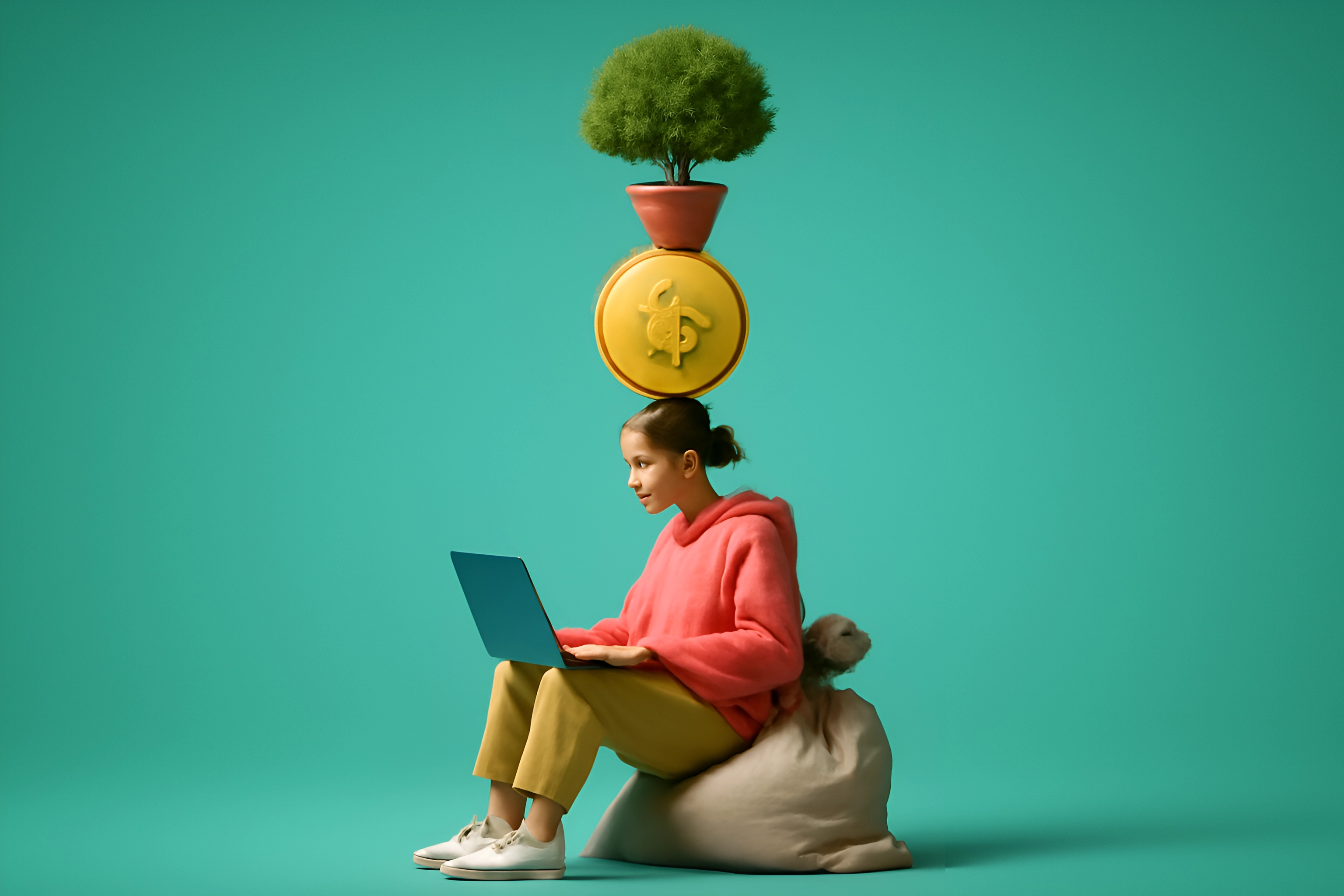 Ilustração de mulher com laptop e crescimento financeiro