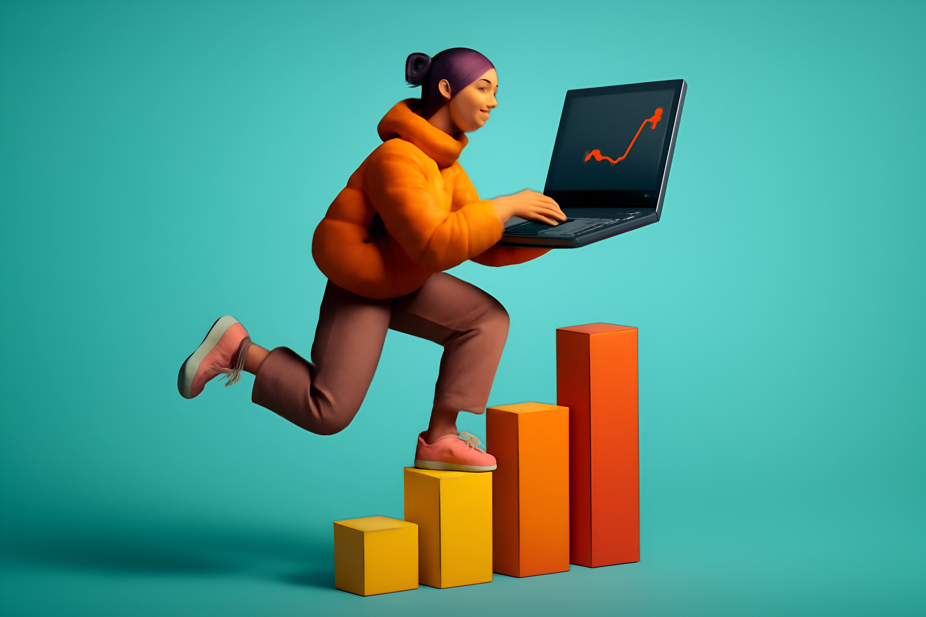 Woman with laptop on bar graph.