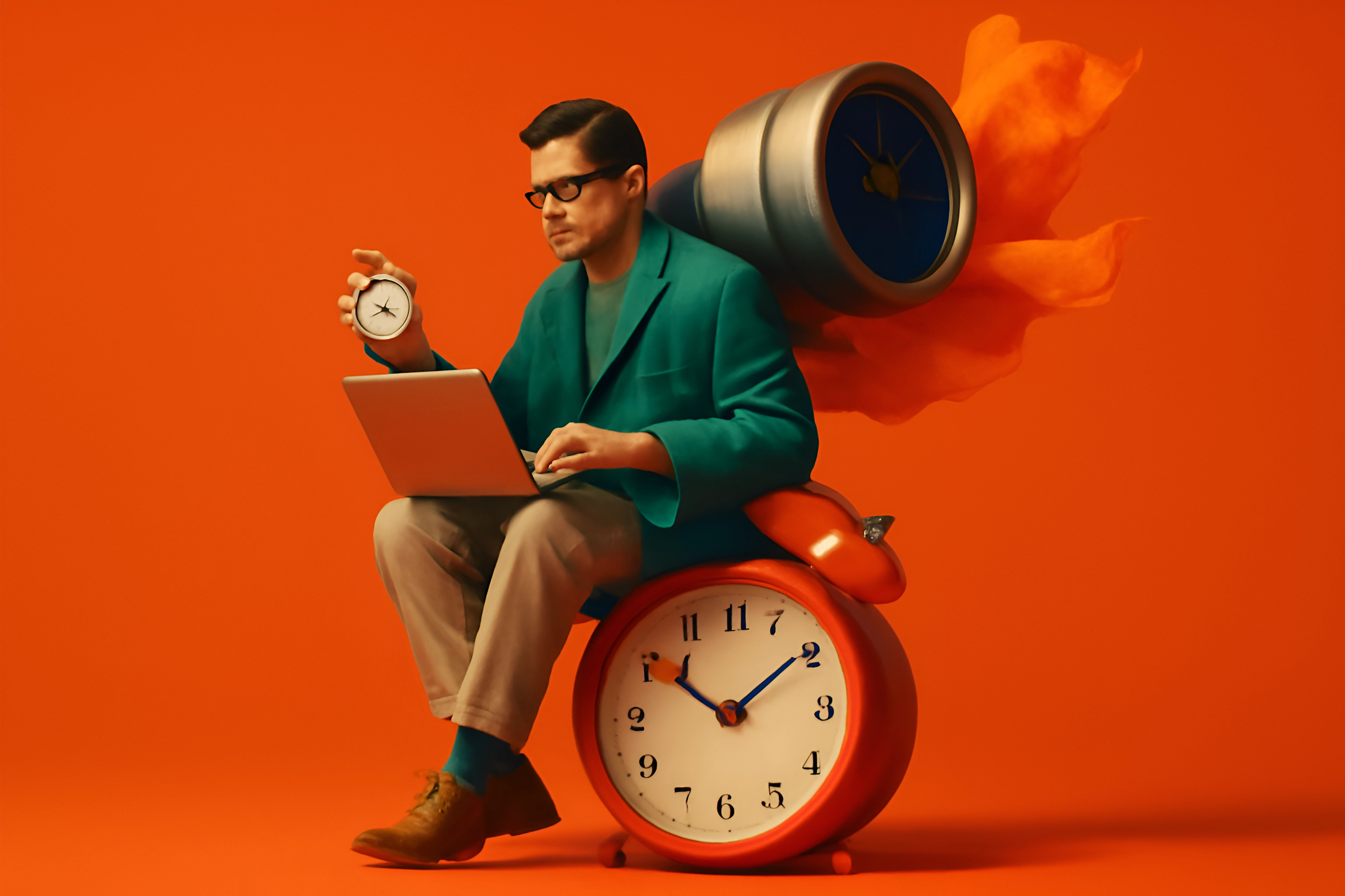 Man with clock and laptop