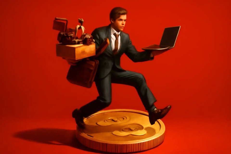A businessman in a suit energetically balancing a laptop and bags while standing on a large coin, set against a vibrant red background.