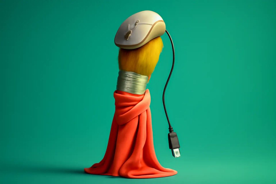 A whimsical character resembling a paintbrush wrapped in an orange blanket, wearing a white hat with a key, and featuring a USB cable attached.