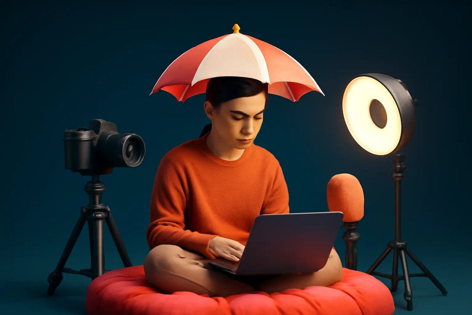 A person sitting on a red cushion, working on a laptop under a red and white umbrella, surrounded by a camera and lighting equipment.