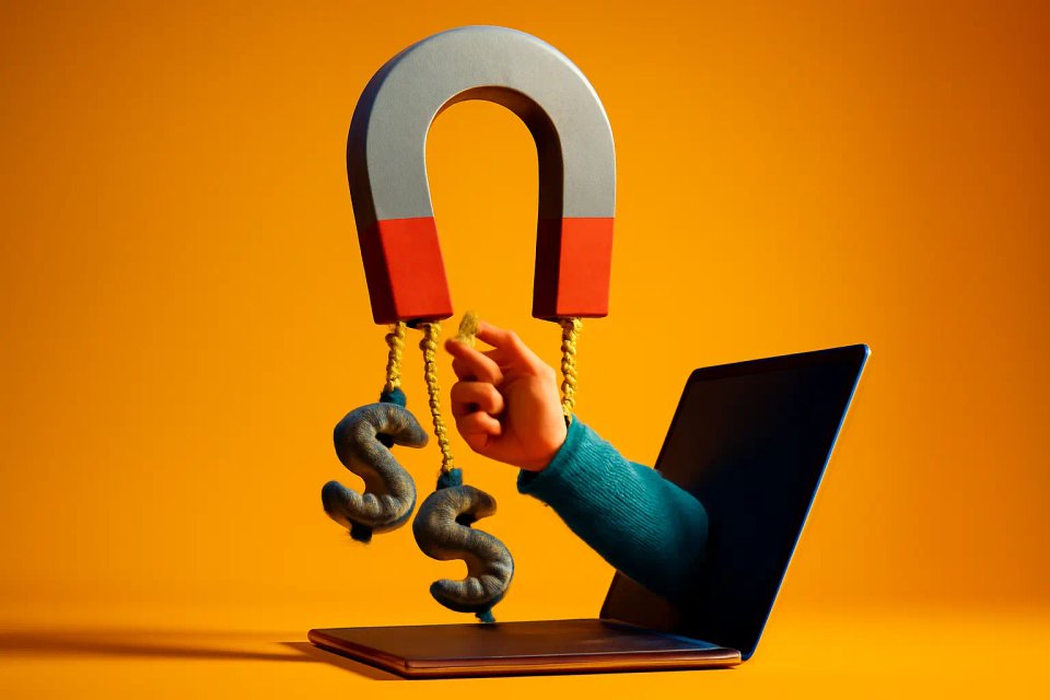 A colorful illustration of a hand reaching out from a laptop screen, holding a magnet that attracts dollar signs, symbolizing financial opportunities and online business success.