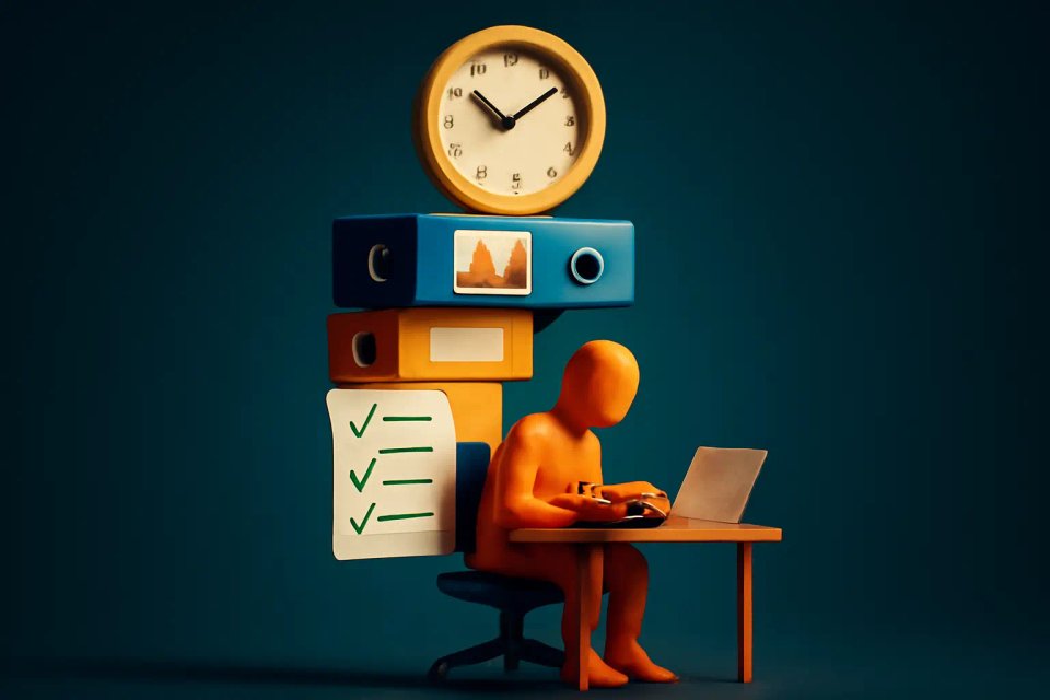 A stylized orange figure sitting at a desk with a laptop, surrounded by colorful storage boxes and a clock, symbolizing productivity and time management.