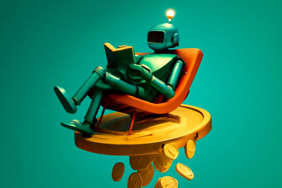 A robot sitting in a modern chair, reading a book, with coins floating around it, symbolizing knowledge and wealth.